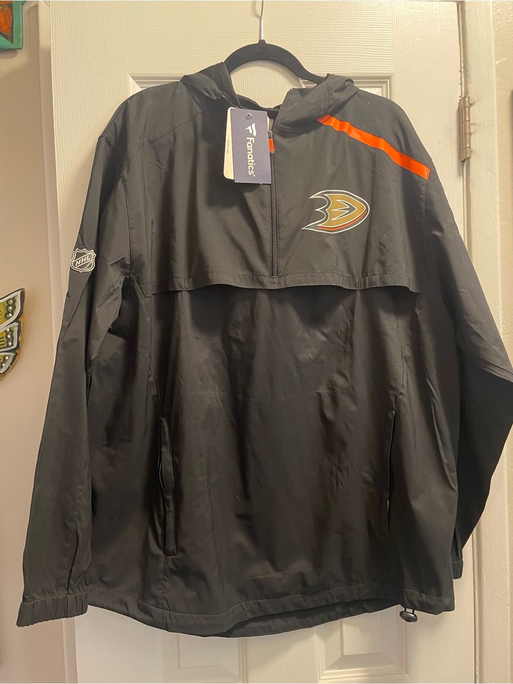 Fanatics Black Anaheim Ducks Pullover Windbreaker with Orange Accent